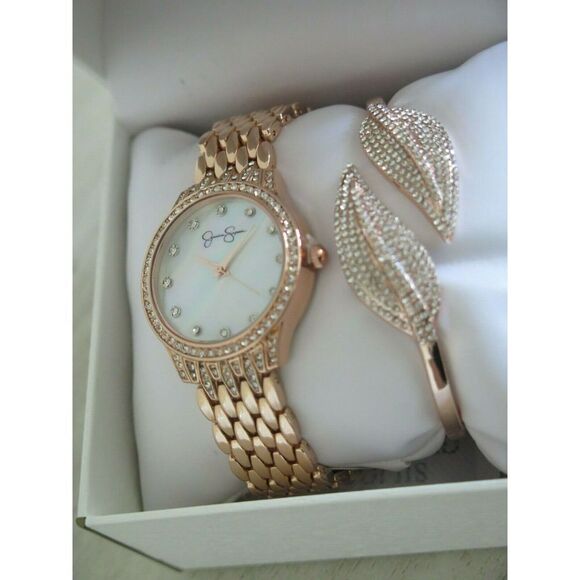 Jessica Simpson JSB8008RG Gold Crystal Leaf Hinged Bangle Watch Set $120 - Picture 7 of 9